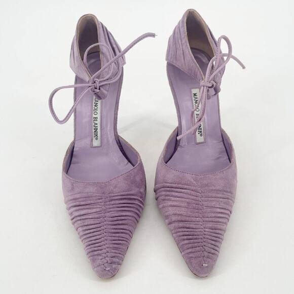 Manolo Blahnik Retro Lavender Suede Ruched Ankle Tie Pointed Toe Pump size IT 40 - Picture 6 of 11